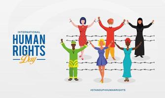 International human rights day background. peoples with different race raising hands and broken chains the symbol of freedom. vector