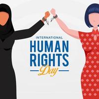 International human rights day background. peoples with different race raising hands and broken chains the symbol of freedom. vector