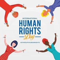 International human rights day background. peoples with different race raising hands and broken chains the symbol of freedom. vector