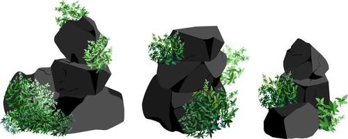 A set of black charcoal of various shapes and plants.Collection of pieces of coal, graphite, basalt and anthracite. The concept of mining and ore in a mine.Rock fragments,boulders. vector