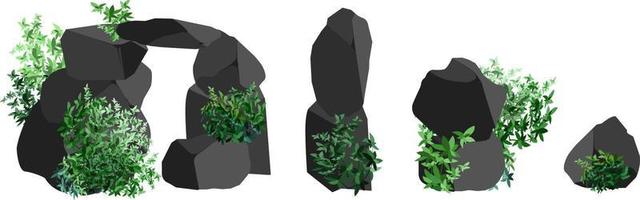 A set of black charcoal of various shapes and plants.Collection of pieces of coal, graphite, basalt and anthracite. The concept of mining and ore in a mine.Rock fragments,boulders. vector