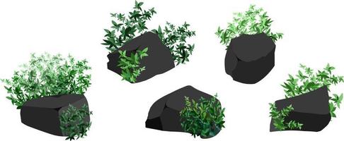 A set of black charcoal of various shapes and plants.Collection of pieces of coal, graphite, basalt and anthracite. The concept of mining and ore in a mine.Rock fragments,boulders. vector