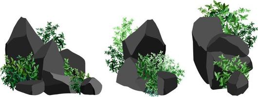 A set of black charcoal of various shapes and plants.Collection of pieces of coal, graphite, basalt and anthracite. The concept of mining and ore in a mine.Rock fragments,boulders. vector