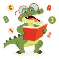 Cartoon Drawing Of Crocodile Reading Book vector