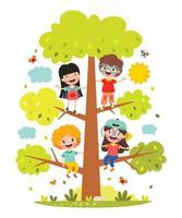 niños de dibujos animados jugando en el árbol vector