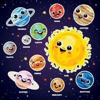 Solar system for kids. Cute sun and planets characters in cartoon style on  dark space background. Vector illustration for kindergarten and school  science education 2143607 Vector Art at Vecteezy