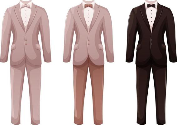 Set of cartoon men's suits, white, gray-brown and black groom's wedding suit