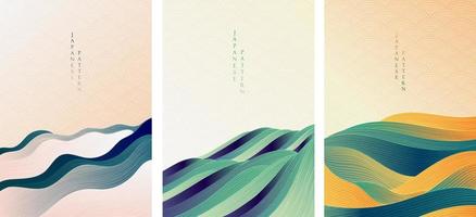 fondo japonés con vector de patrón de onda de línea. plantilla de arte abstracto con patrón geométrico. bosque de montaña y objeto de mar océano en estilo vintage.