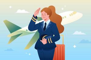 Woman pilot in uniform with suitcase and airplane flying in background. Flat vector illustration.