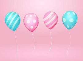 3D Patterned balloons with strings. Illustration of two pairs of balloons in pink and blue color. Each group are with striped and dotted surfaces tied with white strings on pink background vector