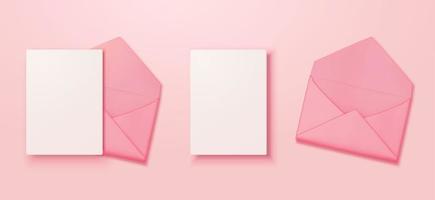 Pink envelopes and white letter. 3D Illustration of blank letter papers and opened pink envelopes isolated on pink background in flat lay. Elements suitable for Mother's Day and Valentine's Day vector