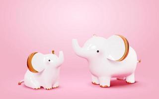 lindas figuras de elefantes. Ilustración 3d de dos elefantes blancos levantando sus baúles con orejas, patas y colas doradas. decoraciones hechas de porcelana vector