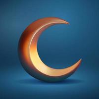 Metallic crescent moon of dark shadow in 3d illustration isolated blue background. Islam religious symbol and icon vector