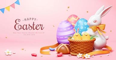 Happy Easter banner. 3d Illustration of Easter bunny, beautiful painted eggs and chicks in wicker basket on pink background. Concept of Easter egg hunt vector