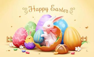 Happy Easter greeting card. 3d Illustration of Easter bunny sitting in a cracked eggshell and a chick born from a small egg surrounded with colorful Easter eggs on yellow background vector