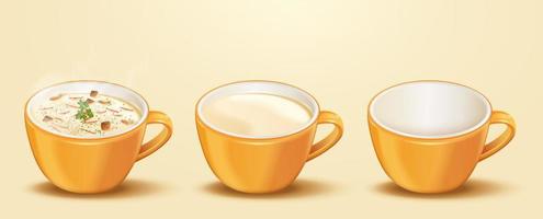 Cream soup in ceramic cups. Set of 3d soup cups isolated on light yellow background, two of them loaded with thick cream soup vector