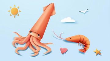 calamares y camarones en elementos de playa. ilustración de criaturas marinas, incluidos calamares, gambas, estrellas de mar con componentes de playa de seshell, sol y nubes aisladas en un fondo azul claro vector