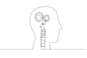 Cartoon of businessman using the ladder and installing gear on people head concept of thinking. One line style art vector