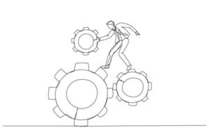 Cartoon of businessman and gear. One continuous line art style vector
