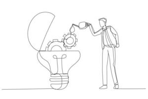 Illustration of businessman drop oil lubricant into idea lightbulb lamp with mechanical gears. Single line art style vector