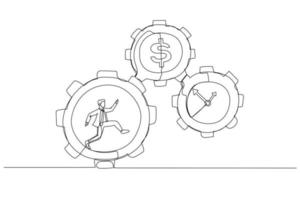 Illustration of businessman running inside gear cogs make time and money gears spin. Single continuous line art vector