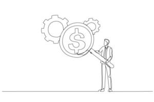 Drawing of businessman with magnifier showing dollar money reflection looking at gear cogwheel concept of cost efficient. Continuous line art style vector