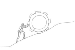 Drawing of businessman pushing gear to the top metaphor of persistence and hard work. Single continuous line art style vector