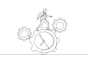 Cartoon of businessman run along gear in form of clock concept of time management. One continuous line art style vector