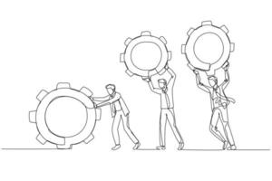 Drawing of businessman and colleague people holding cogwheels gear teamwork make dreamwork organization. Continuous line art style vector