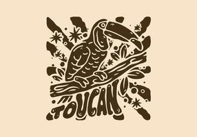 dibujo ilustrativo de un pájaro tucán parado en un tronco de árbol vector