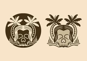 Illustration design of a skull with long hair and two coconut trees vector