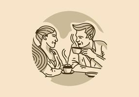 diseño de ilustración vintage de hombre y mujer están charlando sobre un café vector