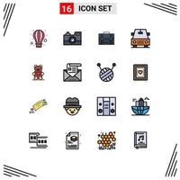 Set of 16 Commercial Flat Color Filled Lines pack for vehicles suitcase vintage camera portfolio documents Editable Creative Vector Design Elements