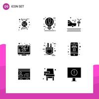 Mobile Interface Solid Glyph Set of 9 Pictograms of pocket screen accident reader message Editable Vector Design Elements