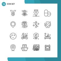 Modern Set of 16 Outlines and symbols such as map tablets flower pills delete Editable Vector Design Elements