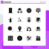 Pack of 16 Modern Solid Glyphs Signs and Symbols for Web Print Media such as chemistry server engine share search Editable Vector Design Elements