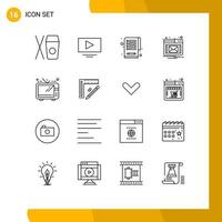 Mobile Interface Outline Set of 16 Pictograms of pencil ruler tasks tv entertainment Editable Vector Design Elements