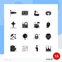 Pictogram Set of 16 Simple Solid Glyphs of cinema surface biceps stadium workout Editable Vector Design Elements