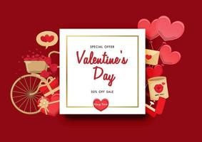 Valentine day sale on red background with valentine elements vector