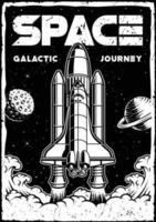 Afiche espacial vintage en blanco y negro con ilustración de un transbordador espacial. vector