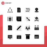 Set of 16 Commercial Solid Glyphs pack for maze challenge festival location map Editable Vector Design Elements