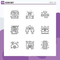 Outline Pack of 9 Universal Symbols of brainstorm seo system report hammer Editable Vector Design Elements