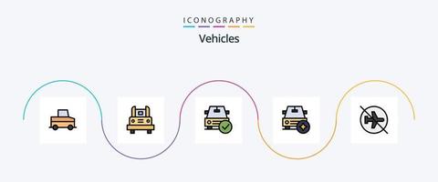 la línea de vehículos llenó el paquete de iconos planos 5 que incluye el aeropuerto. estrella. auto. importante. OK vector