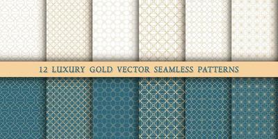 A set of 12 luxurious geometric gold patterns for printing and design, golden lines on a white and green, emerald background. Modern and stylish patterns vector