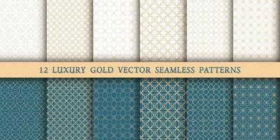 A set of 12 luxurious geometric gold patterns for printing and design, golden lines on a white and green, emerald background. Modern and stylish patterns vector