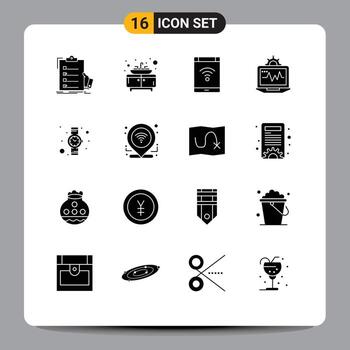 16 Solid Glyph concept for Websites Mobile and Apps hand watch setting connection computer smartphone Editable Vector Design Elements