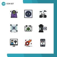 paquete de 9 signos y símbolos modernos de colores planos de línea de relleno para medios de impresión web, como elementos de diseño de vectores editables de base de conexión de enchufe de datos de calendario