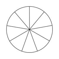 Circle divided in 9 segments. Pizza or pie round shape cut in equal slices. Outline style. Simple chart. vector