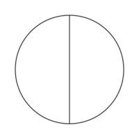 Circle divided in 2 segments. Pizza or pie round shape cut in equal slices. Outline style. Simple chart.