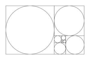 Golden ratio template. Divine, golden proportion. Method golden section. Fibonacci array, numbers. Harmony proportions. Rectangle frame fracted squares. Golden ratio circles.